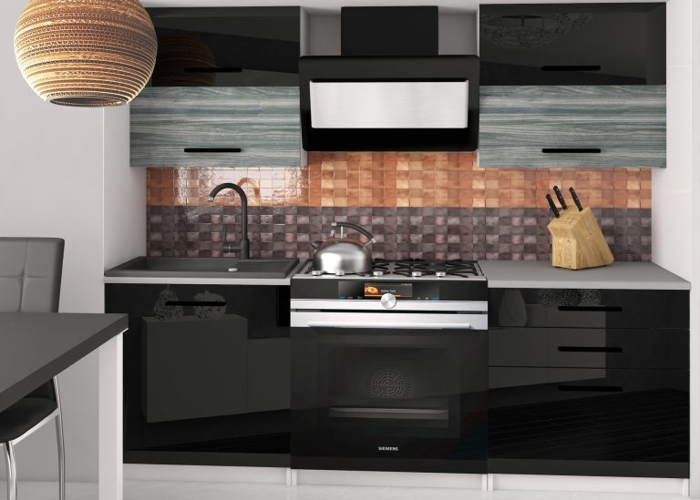 Mobila de bucatarie Belini 120 cm negru lucios / gri antracit Glamour Wood cu blat  INF ELEGANTA2/2/WT/BGW1B/0/B1