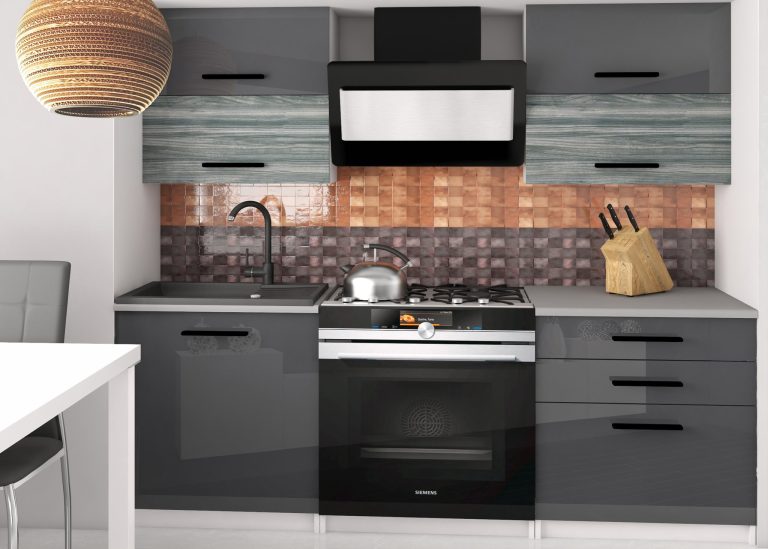 Mobila de bucatarie Belini 120 cm gri lucios / gri antracit Glamour Wood cu blat INF ELEGANTA2/2/WT/SGW1S/0/B1 