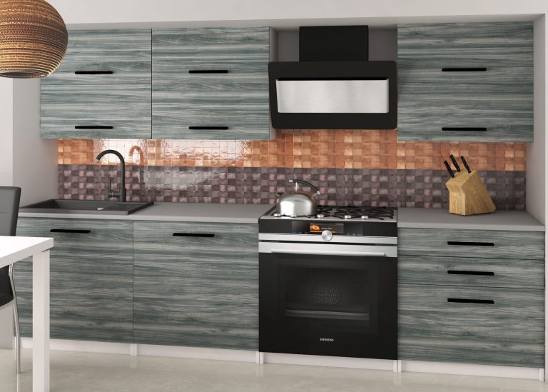 Mobila de bucatarie Belini 180 cm gri antracit Glamour Wood cu blat TOR PRIMERA2/2/WT/GW1/0/B1 