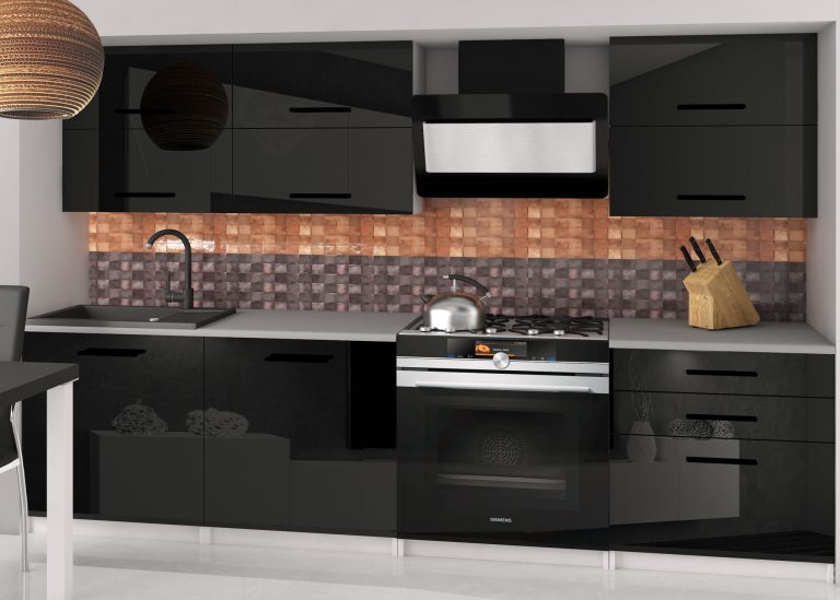 Mobila de bucatarie Belini 180 cm alb lucios / negru luciu cu blat INF PRIMERA2/2/WT/B/0/B1 