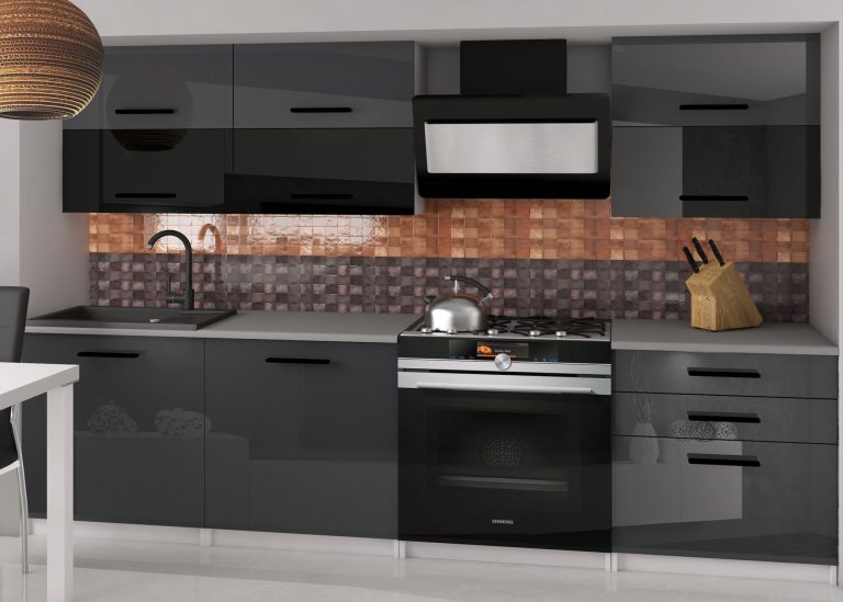 Mobila de bucatarie Belini 180 cm gri lucios / negru lucios cu blat INF PRIMERA2/2/WT/SBS/0/B1 