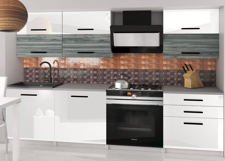 Mobila de bucatarie Belini 180 cm alb lucios / gri  antracit Glamour Wood  fara blat INF PRIMERA2/2/WT/WGW1W/BB/B1