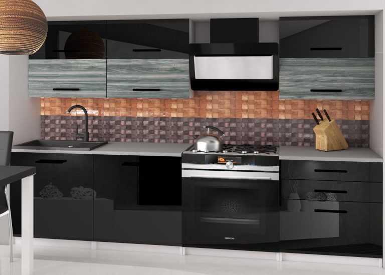 Mobila de bucatarie Belini 180 cm negru lucios / gri antracit Glamour Wood cu blat  INF PRIMERA2/2/WT/BGW1B/0/B1 
