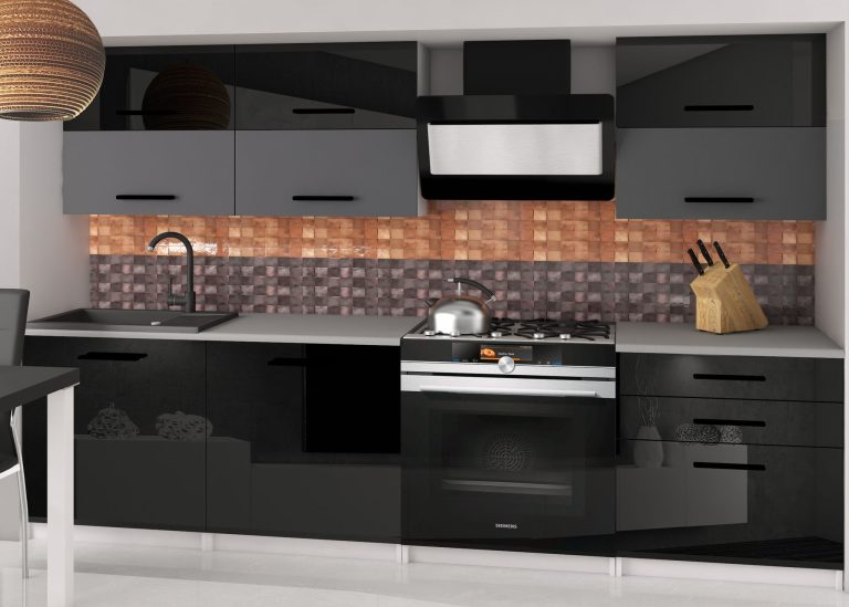 Mobila de bucatarie Belini 180 cm negru lucios / gri mat fara blat INF PRIMERA2/2/WT/BSRB/BB/B1
