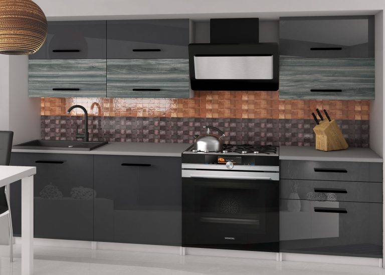 Mobila de bucatarie Belini 180 cm gri lucios / gri antracit Glamour Wood fara blat INF PRIMERA2/2/WT/SGW1S/BB/B1
