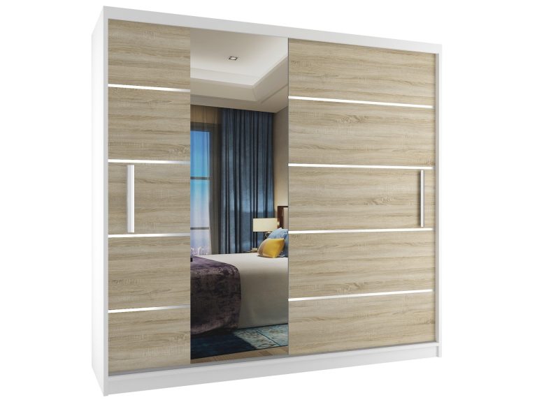 Dressing 200 cm Belini alb mat / stejar sonoma cu usi glisante si oglinda MBP SZP1/2/W/DS/0/AL