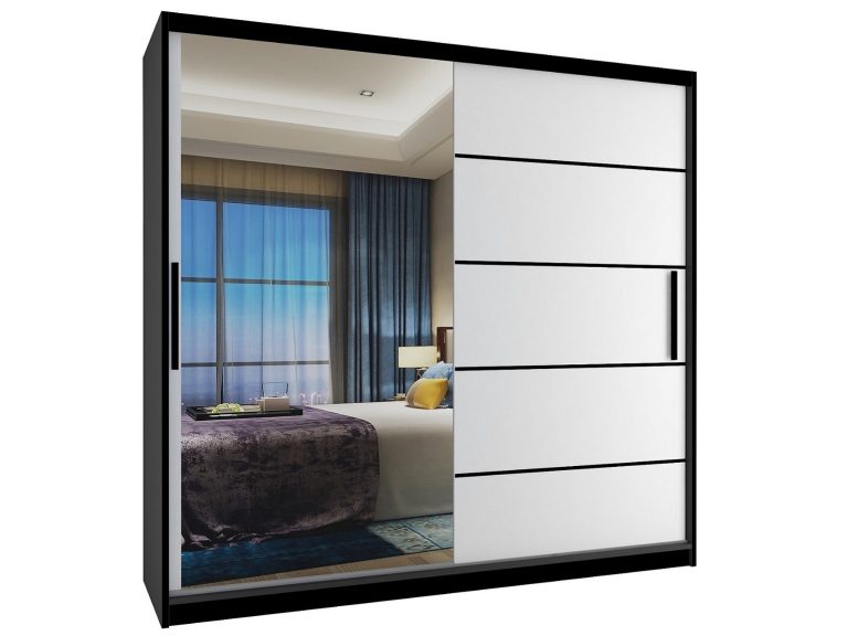 Dressing  200cm Belini negru mat/alb mat cu usi glisante si oglinda MZ SZP1/2/B/W/0/BL
