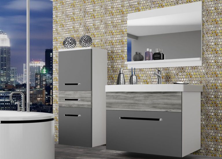 Mobila baie Belini gri mat / gri antracit Glamour Wood  + chiuveta + oglinda ROD M 2/0/W/SRGW1/0/ZW