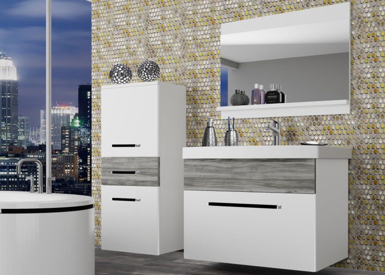  Mobila baie Belini gri antracit Glamour Wood / alb mat  chiuveta + oglinda ROD M 2/0/W/WGW1/0/ZW