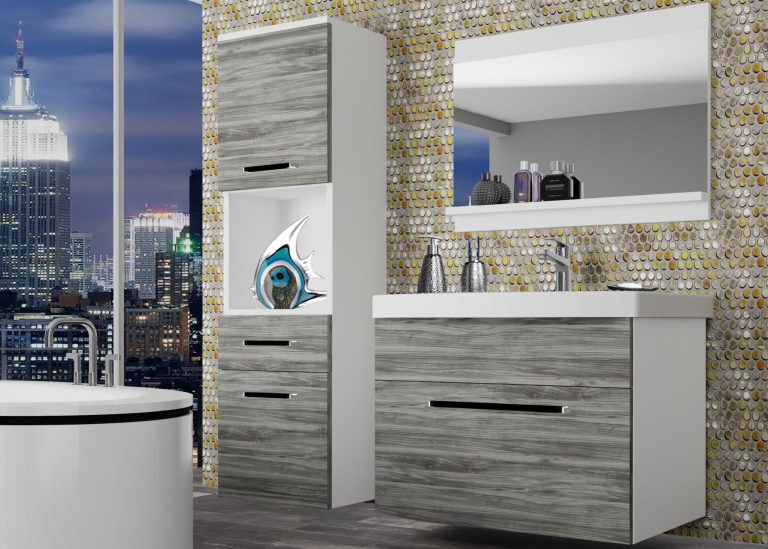 Mobila baie Belini gri antracit Glamour Wood + chiuveta + oglinda ROD M 3/0/W/GW1/0/ZW