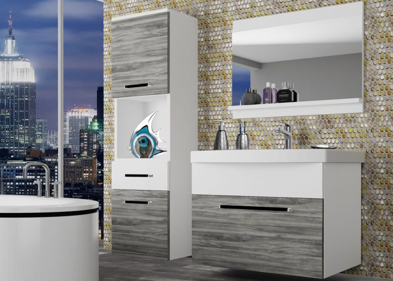 Mobila baie Belini gri antracit Glamour Wood / alb mat + chiuveta + oglinda ROD M 3/0/W/GW1W/0/ZW