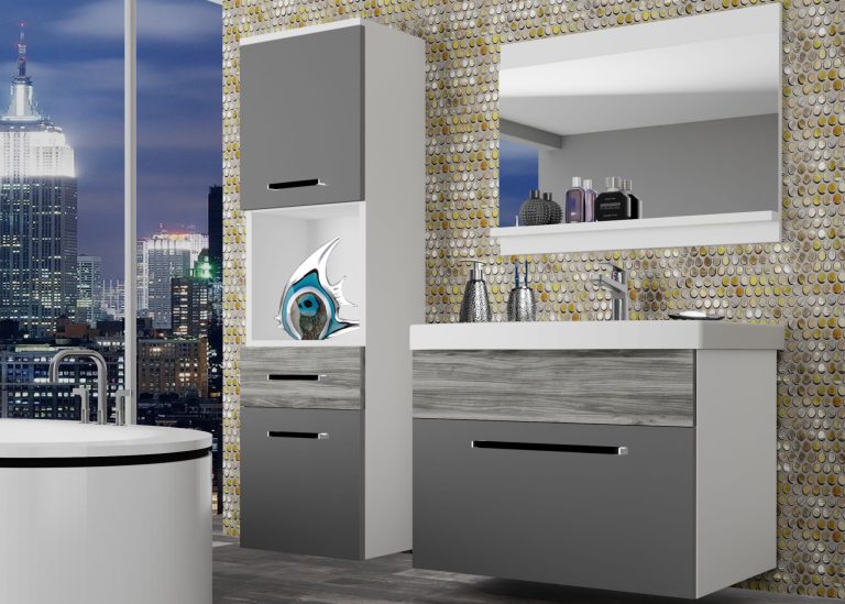 Mobila baie Belini gri mat / gri antracit Glamour Wood + chiuveta + oglinda ROD M 3/0/W/SRGW1/0/ZW