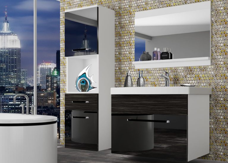 Mobila baie Belini negru lucios / abanos regal + chiuveta + oglinda ROD PM 3/0/W/BHK/0/ZW