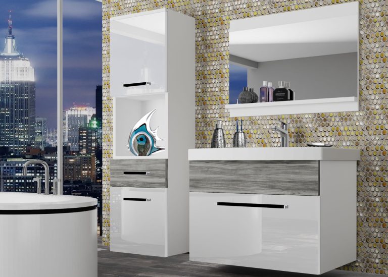 Mobila baie Belini alb lucios / gri antracit Glamour Wood  + chiuveta + oglinda ROD PM 3/0/W/WGW1/0/ZW