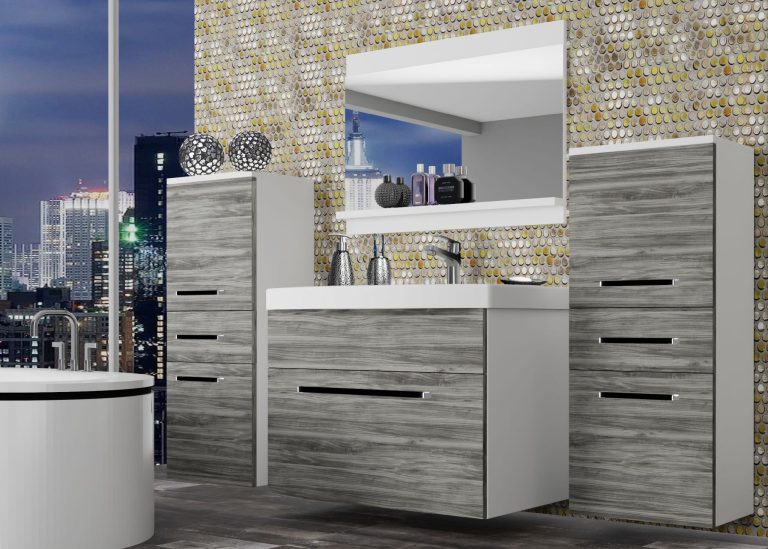 Mobila baie Belini gri antracit Glamour Wood + chiuveta + oglinda  ROD M 4/0/W/GW1/0/ZW