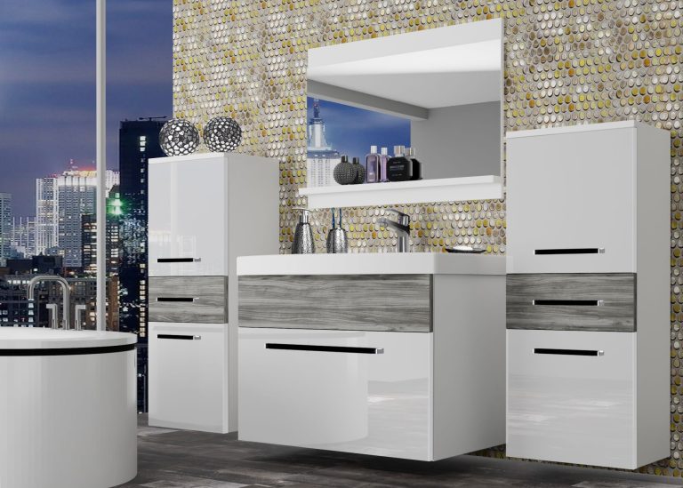 Mobila baie Belini alb lucios / gri antracit Glamour Wood + chiuveta + oglinda  ROD PM 4/0/W/WGW1/0/ZW