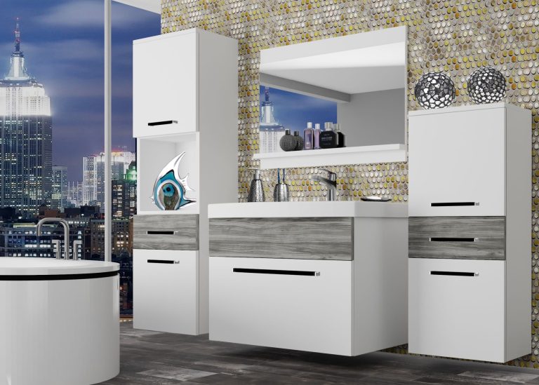 Mobila baie Belini alb mat / gri antracit Glamour Wood + chiuveta + oglinda ROD M 5/0/W/WGW1/0/ZW