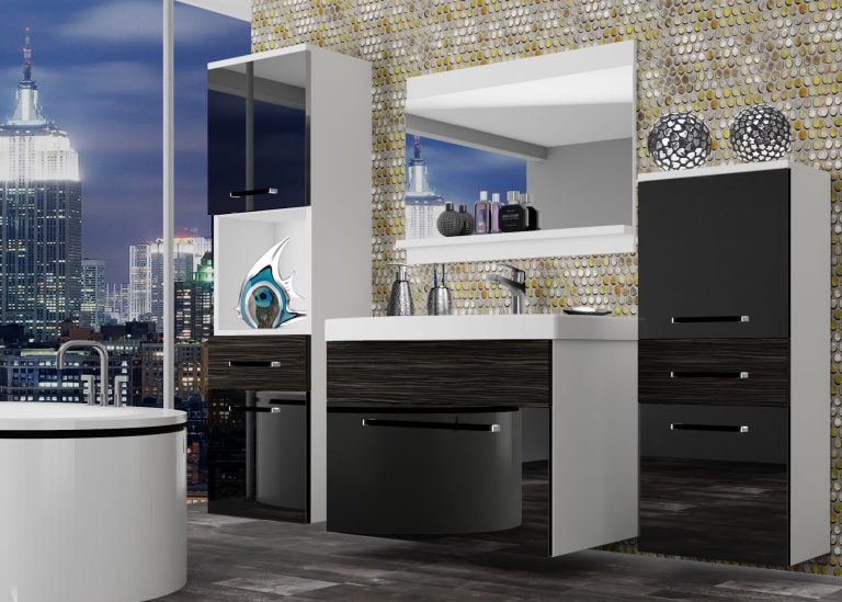 Mobila baie Belini negru lucios / abanos regal + chiuveta + oglinda ROD PM 5/0/W/BHK/0/ZW