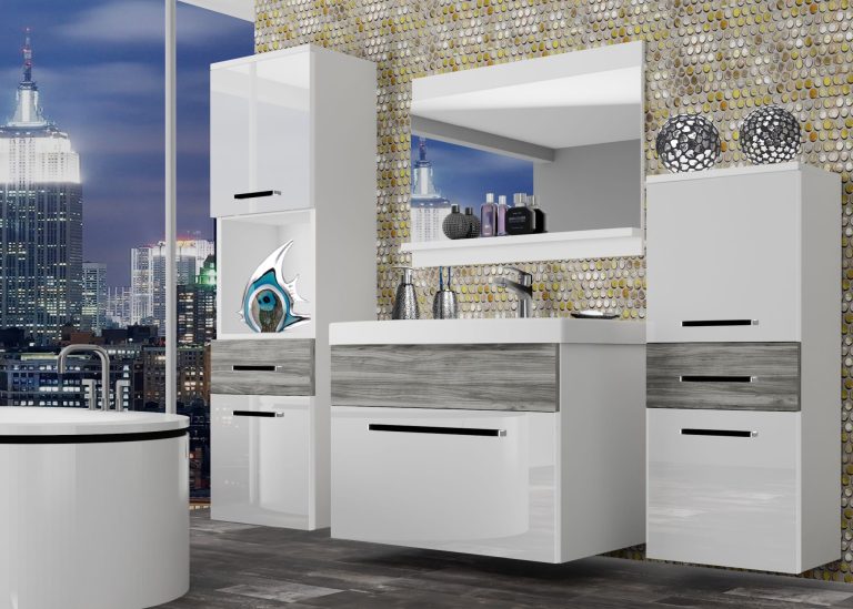 Mobila baie Belini alb lucios / gri antracit Glamour Wood + chiuveta + oglinda ROD PM 5/0/W/WGW1/0/ZW
