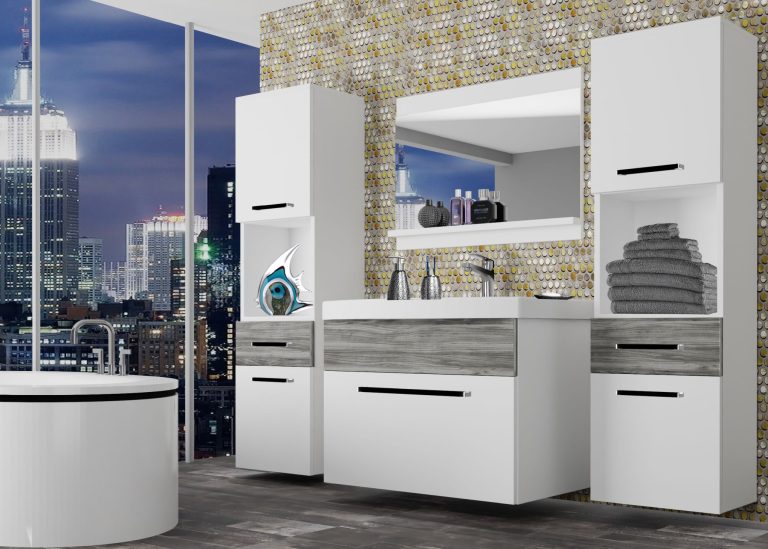 Mobila baie Belini alb mat / gri antracit Glamour Wood   + chiuveta + oglinda  ROD M 6/0/W/WGW1/0/ZW