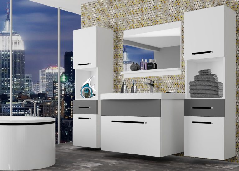 Mobila baie Belini alb mat / gri mat + chiuveta + oglinda ROD M 6/0/W/WSR/0/ZW