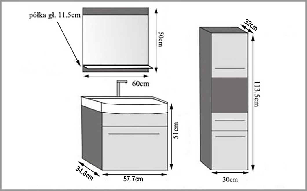 Mobila baie Belini gri antracit Glamour Wood / alb mat + chiuveta + oglinda ROD M 3/0/W/GW1W/0/ZW