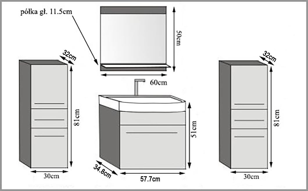 Mobila baie Belini negru lucios / gri antracit Glamour Wood  + chiuveta + oglinda ROD PM 4/0/W/BGW1/0/ZW