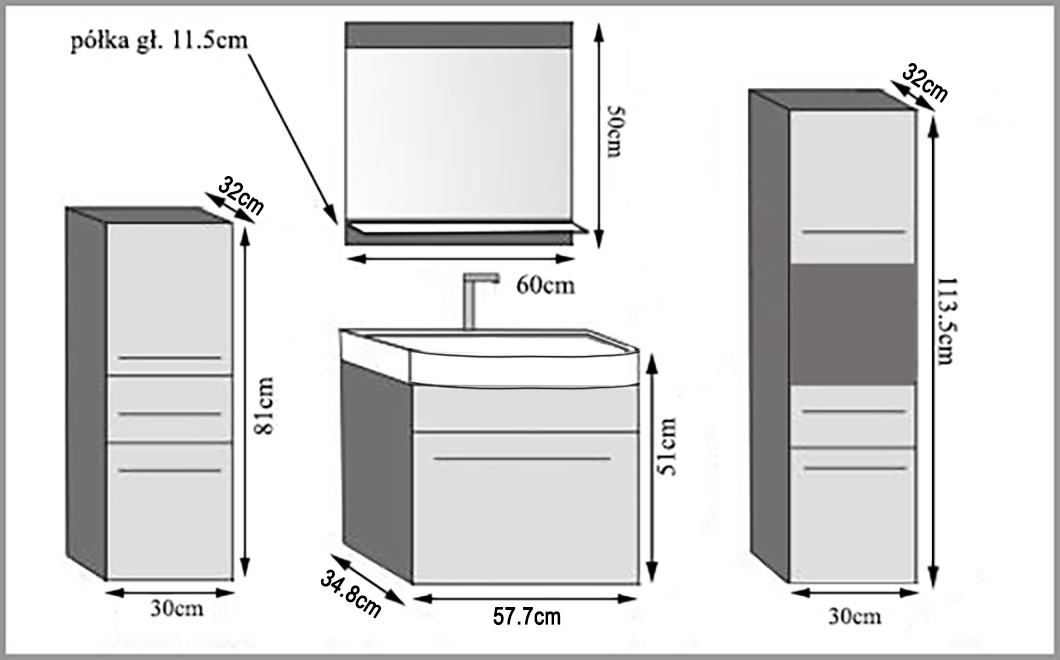 Mobila baie Belini gri lucios / gri mat + chiuveta + oglinda ROD PM 5/0/W/SSR/0/ZW