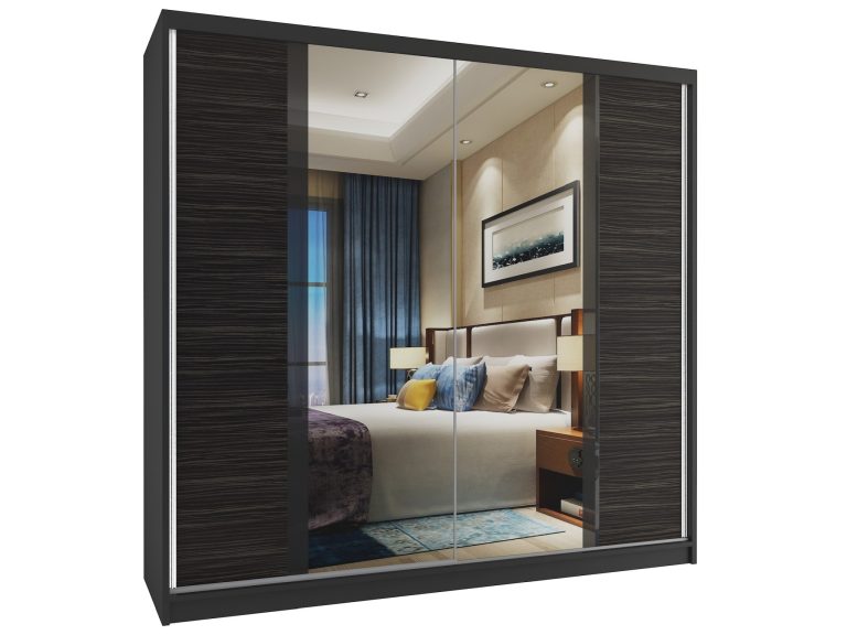 Dressing  200cm Belini negru mat/abanos regal cu usi glisante si oglinda MV SZP1/2/B/HK/B/HI