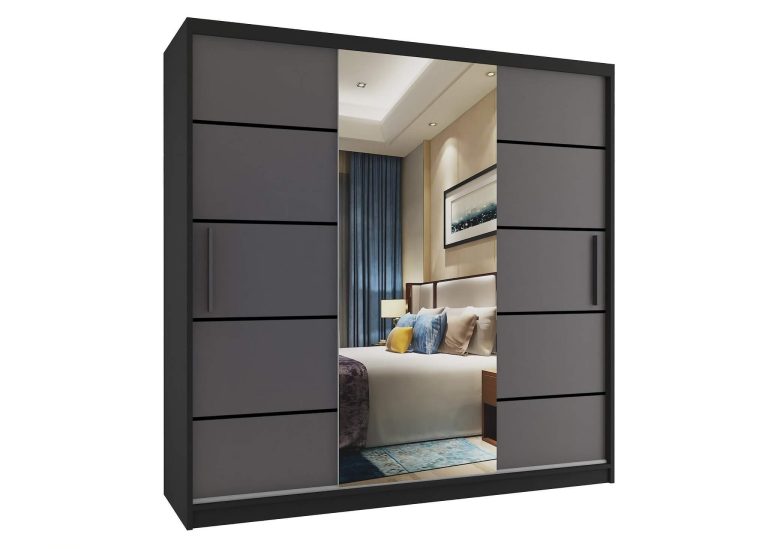 Dressing 200 cm Belini mat negru/gri mat cu usi glisante cu oglinda si sertare MT SZP5/1/B/SR/0/KLP