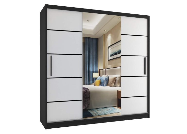 Dressing 200 cm Belini negru mat/alb mat cu usi glisante cu oglinda si sertare MT SZP5/1/B/W/0/KLP