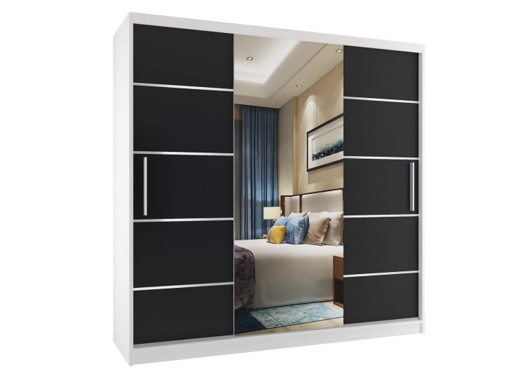 Dressing  200 cm Belini alb mat/negru mat cu usa glisanta oglinda si sertare MT SZP5/1/W/B/0/KLAL