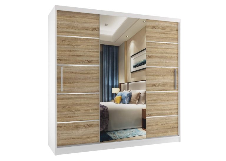 Dressing 200 cm Belini alb mat / stejar sonoma cu usi glisante cu oglinda si sertare MT SZP5/1/W/DS/0/KLAL