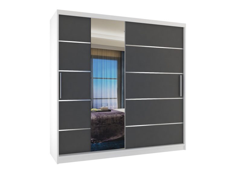 Dressing 200 cm Belini mat alb/gri mat cu usi glisante cu oglinda si sertare MBP SZP5/1/W/SR/0/KLAL

