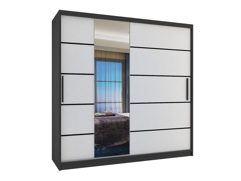 Dressing 200 cm Belini negru mat/alb mat cu usi glisante cu oglinda si sertare MBP SZP5/1/B/W/0/KLP

