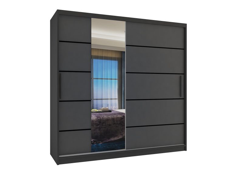 Dressing 200 cm Belini mat negru/gri mat cu usi glisante cu oglinda si sertare MBP SZP5/1/B/SR/0/KLP

