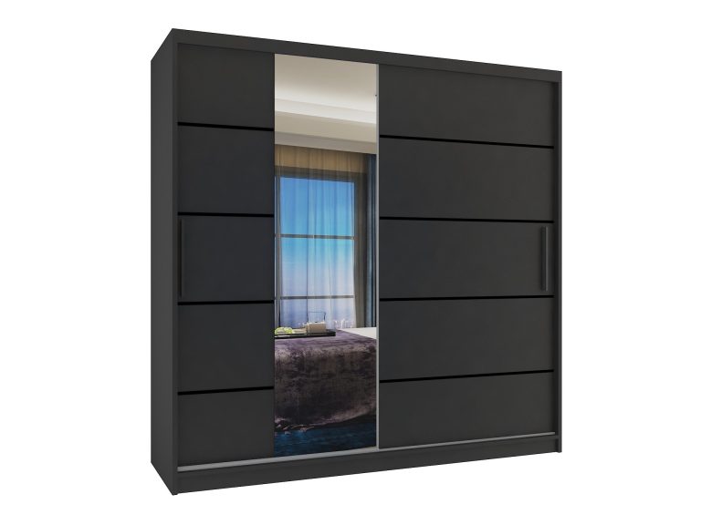 Dressing 200 cm Belini negru mat cu usi glisante cu oglinda si sertare MBP SZP5/1/B/B/0/KLP

