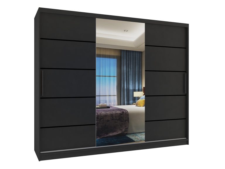 Dressing 232 cm Belini negru mat cu usi glisante cu oglinda si sertare MBP SZP8/0/1B/2B1L/0/KLP/