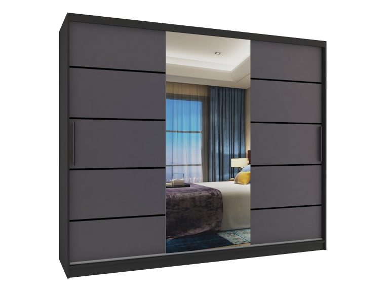 Dressing 232 cm Belini mat negru/gri mat cu usi glisante cu oglinda si sertare MBP SZP8/0/1B/2SR1L/0/KLP
