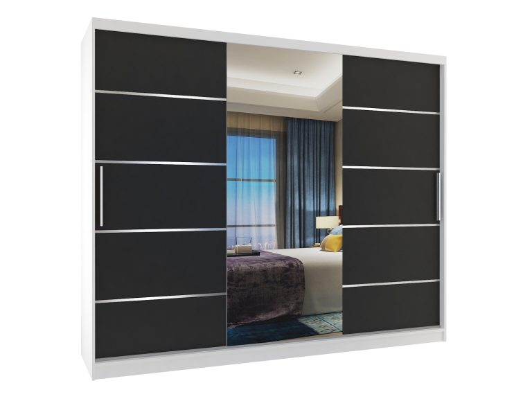 Dressing 232 cm Belini alb mat / negru mat cu usi glisante cu oglinda si sertare MBP SZP8/0/1W/2B1L/0/KLAL