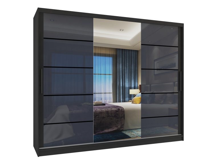 Dressing 232 cm Belini negru mat/gri lucios cu usi glisante cu oglinda si sertare MGB SZP8/0/B/2S1L/KLP