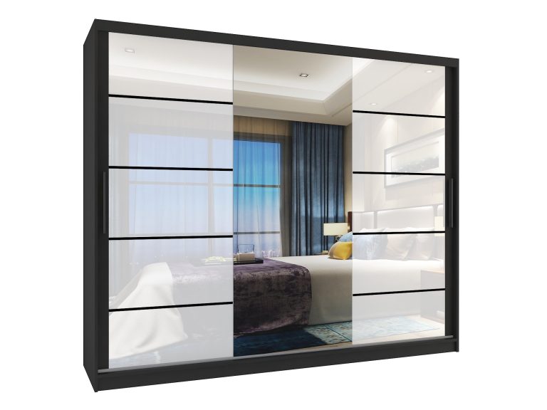 Dressing 232 cm Belini negru mat / alb lucios cu usi glisante cu oglinda si sertare MGB SZP8/0/B/2W1L/KLP