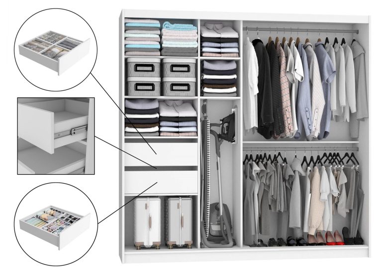 Dressing 200 cm Belini alb mat/wotan stejar cu usi glisante cu oglinda si sertare MBP SZP5/1/W/DW/0/KLAL