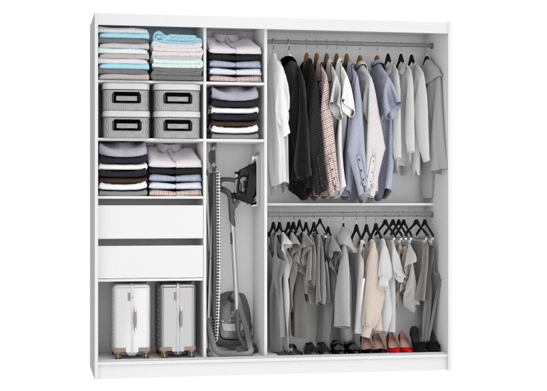 Dressing 200 cm Belini alb mat/wotan stejar cu usi glisante cu oglinda si sertare MBP SZP5/1/W/DW/0/KLAL