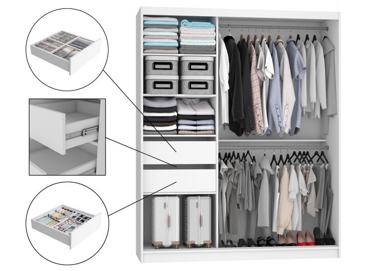 Dressing 158 cm Belini alb mat / alb lucios cu usi glisante cu oglinda si sertare MGB SZP7/0/W/1L5W/KLAL