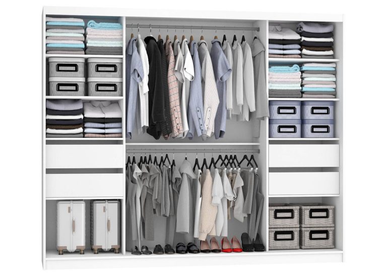 Dressing 232 cm Belini negru mat / alb lucios cu usi glisante cu oglinda si sertare MGB SZP8/0/B/2W1L/KLP