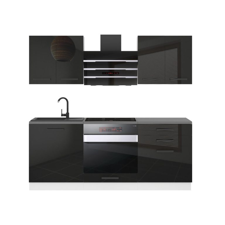 Mobila bucatarie Belini Premium Full Version 180 cm negru lucios cu blat INF MARY/0/WT/B/B/B1