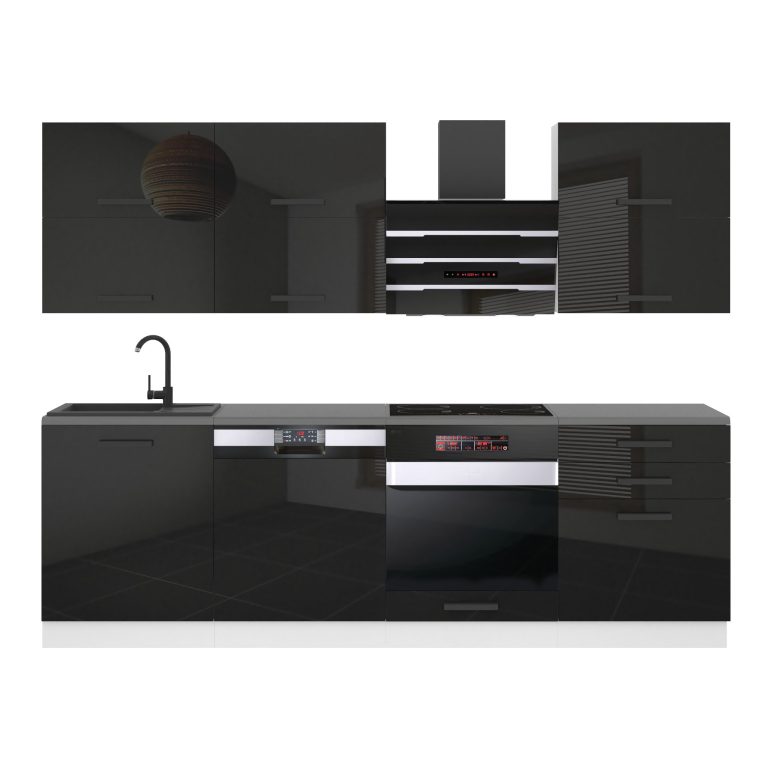 Mobila bucatarie Belini Premium Full Version 240 cm negru lucios fara blat INF MADISON/0/WT/B/0/B1
