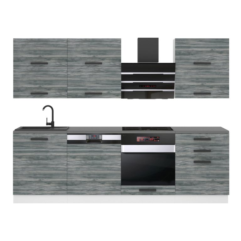 Mobila bucatarie Belini Premium Full Version 240 cm gri antracit Glamour Wood cu blat TOR MADISON/0/WT/GW/B/B1