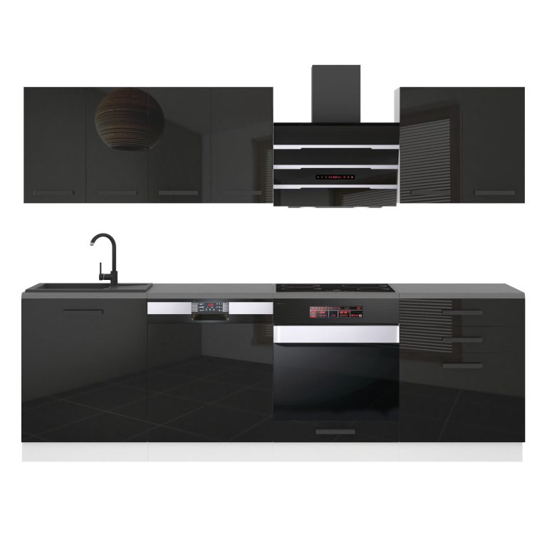 Mobila bucatarie Belini Premium Full Version 240 cm negru lucios cu blat INF SUSAN/0/WT/B/B/B1